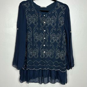 Belle France Silk Blend Embroidered Button Front Long Sleeve Top Blouse Size M